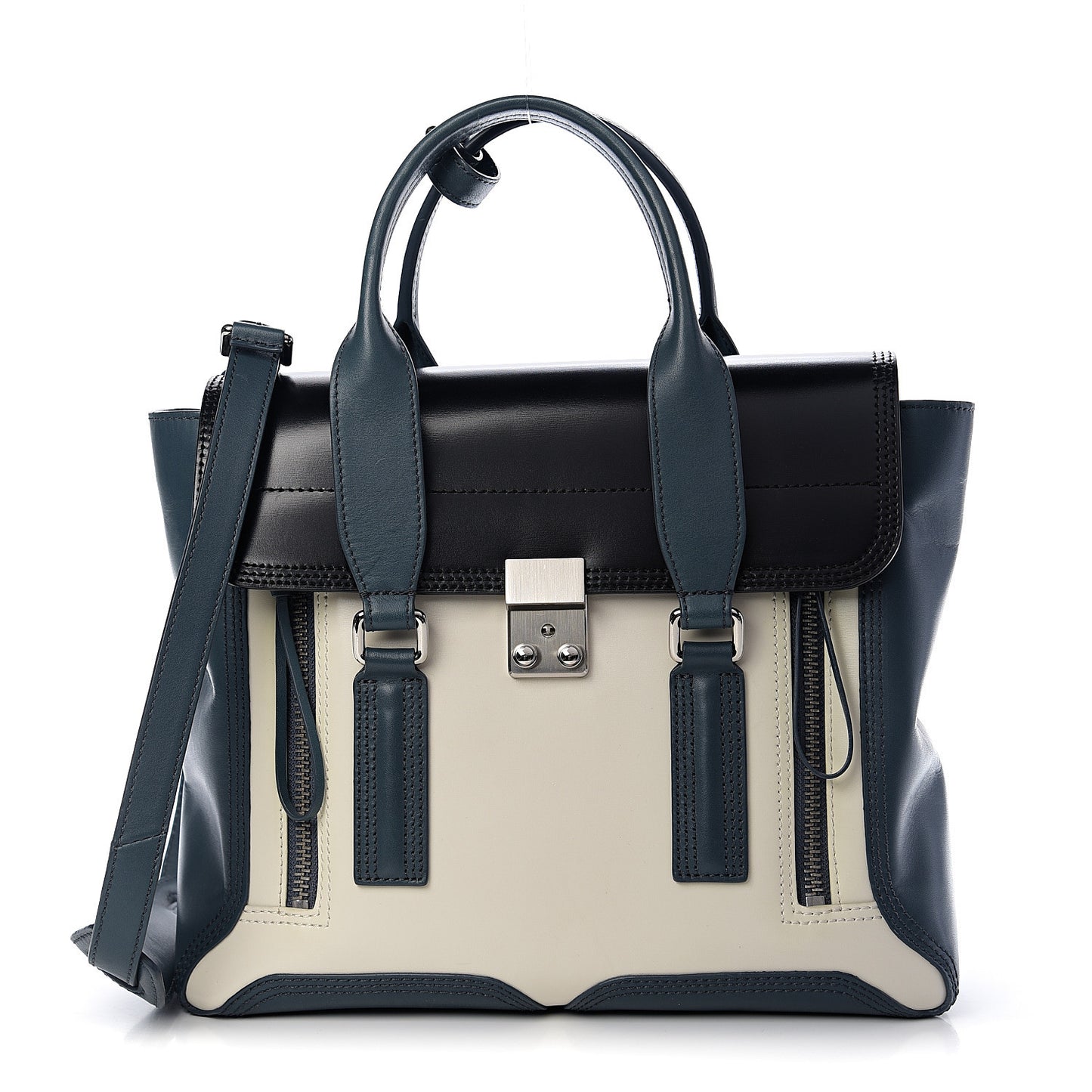 3.1 Calfskin Colorblock Medium Pashli Satchel Steel Off White
