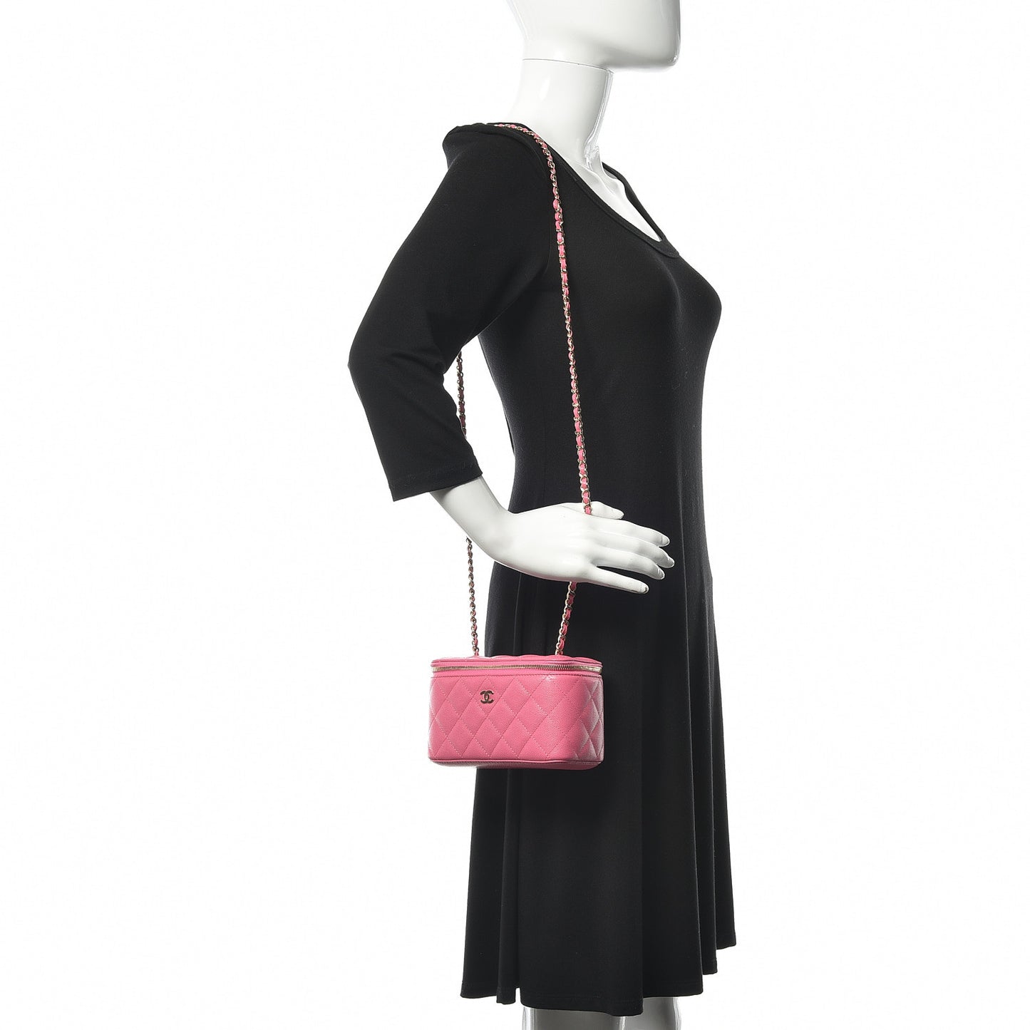 Caviar Quilted Small Vanity Case With Chain Pink