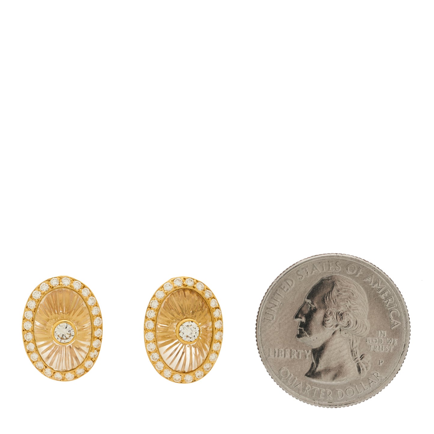 18K Yellow Gold Diamond Rock Crystal Oval Clip On Earrings