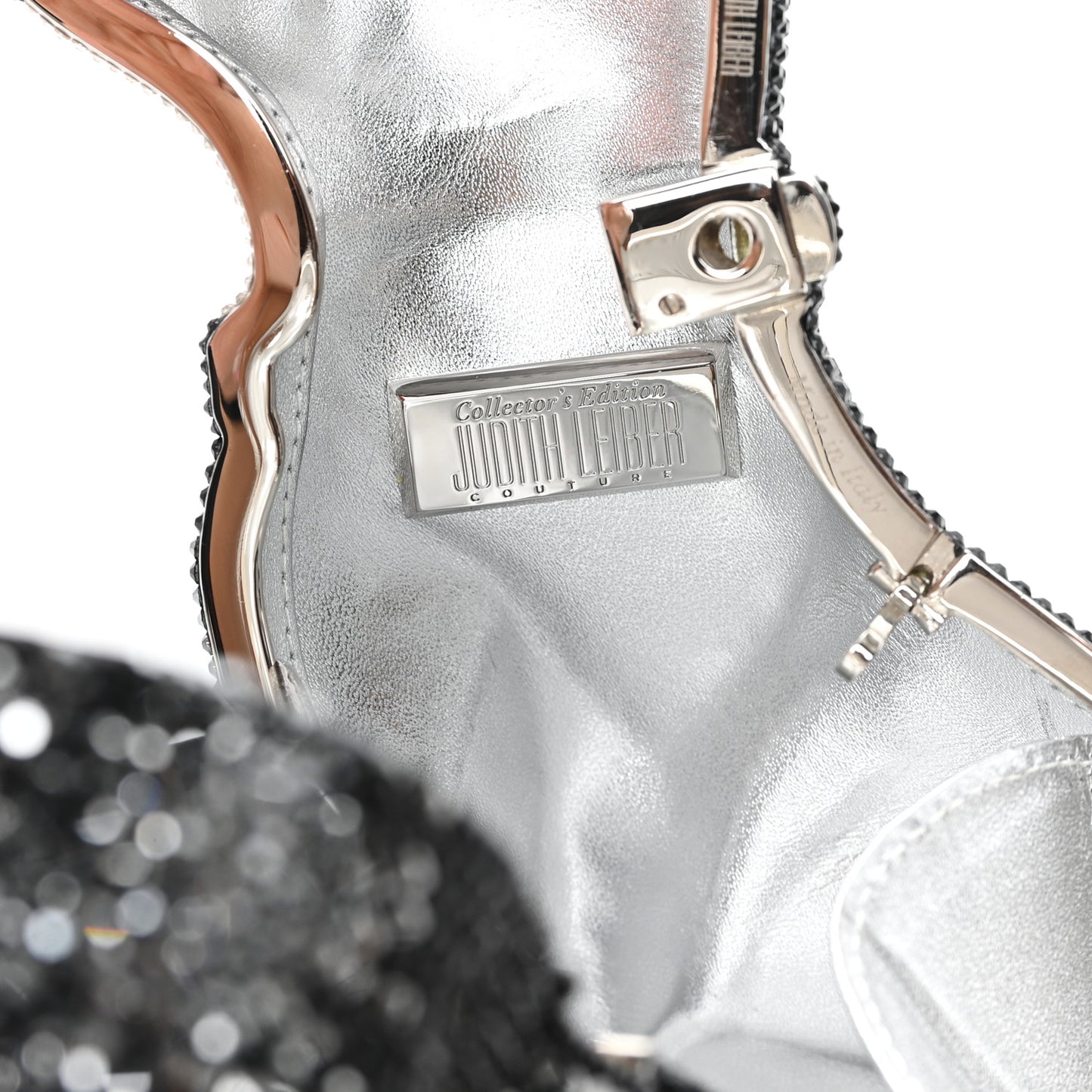 Crystal Saddie Puppy Dog Minaudiere Clutch Jet Silver