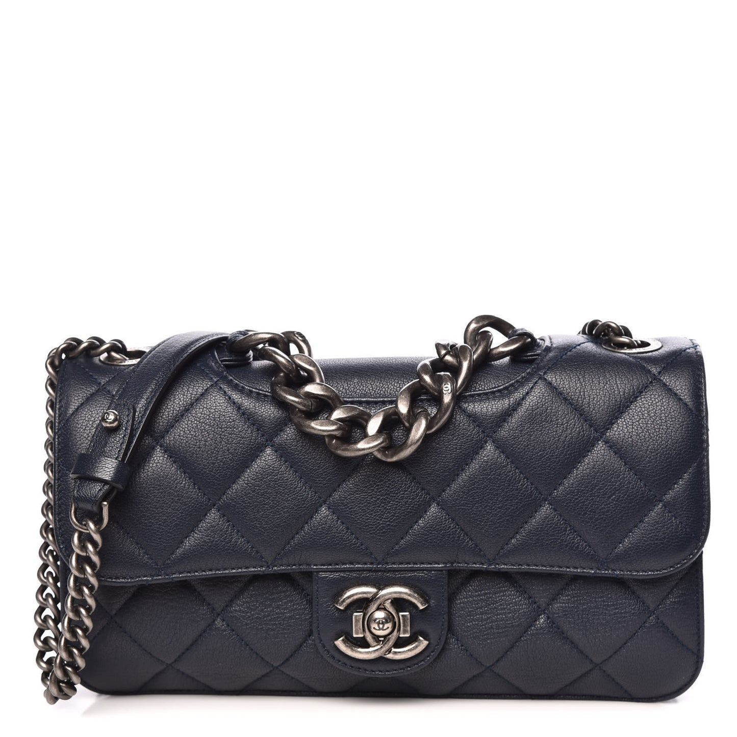 Goatskin Quilted Medium Perfect Edge Flap Navy Blue