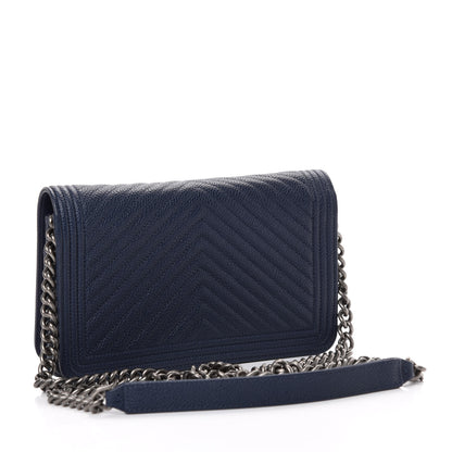 Chanel Caviar Chevron Quilted Boy Wallet On Chain WOC Blue 3 of 12