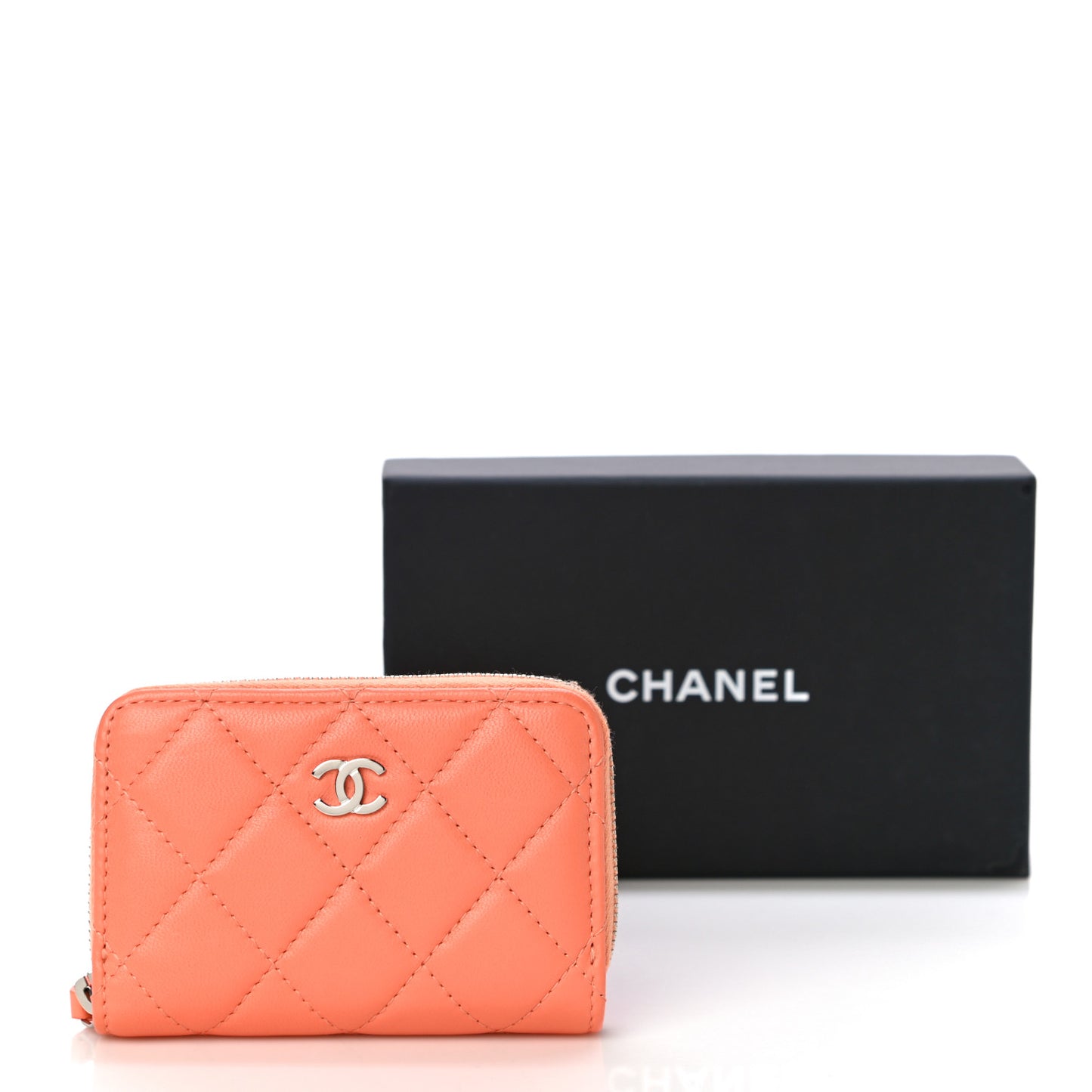 Lambskin Quilted Zip Around Coin Purse Wallet Coral