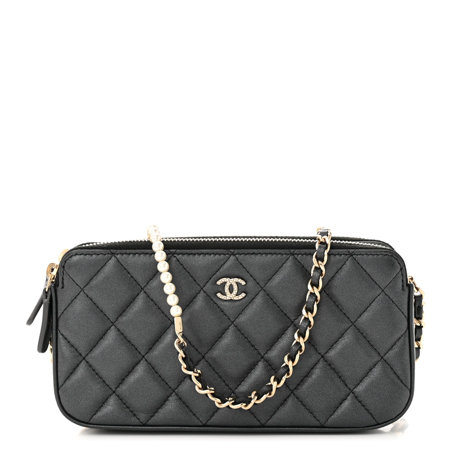 Chanel Iridescent Lambskin Quilted Pearl Clutch With Chain Black 1 of 12