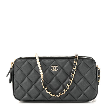Chanel Iridescent Lambskin Quilted Pearl Clutch With Chain Black 1 of 12