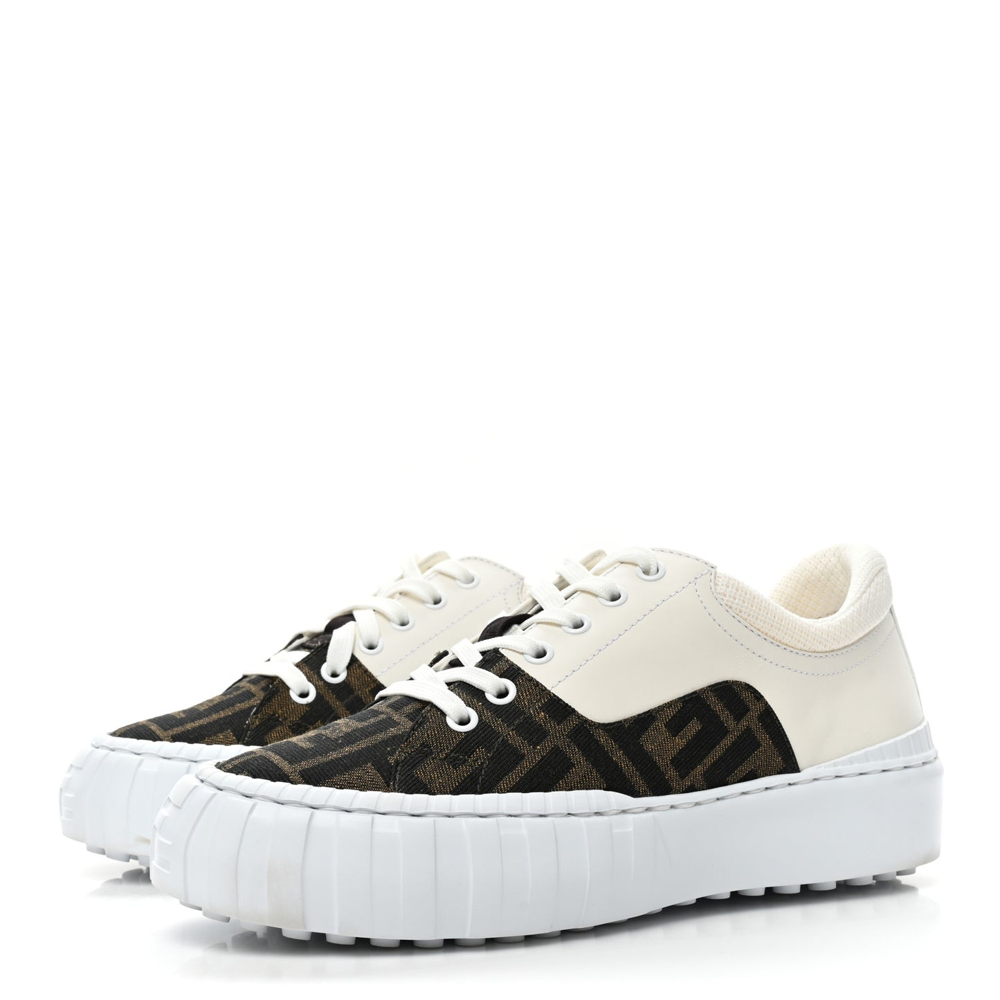 Fabric Jacquard Vitello Technical Fabric FF Womens Fendi Force Low Top Sneakers 38 Tobacco Black Ultrawhite White