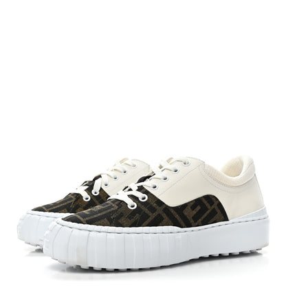 Fendi Fabric Jacquard Vitello Technical Fabric FF Womens Fendi Force Low Top Sneakers 38 Tobacco Black Ultrawhite White 3 of 11