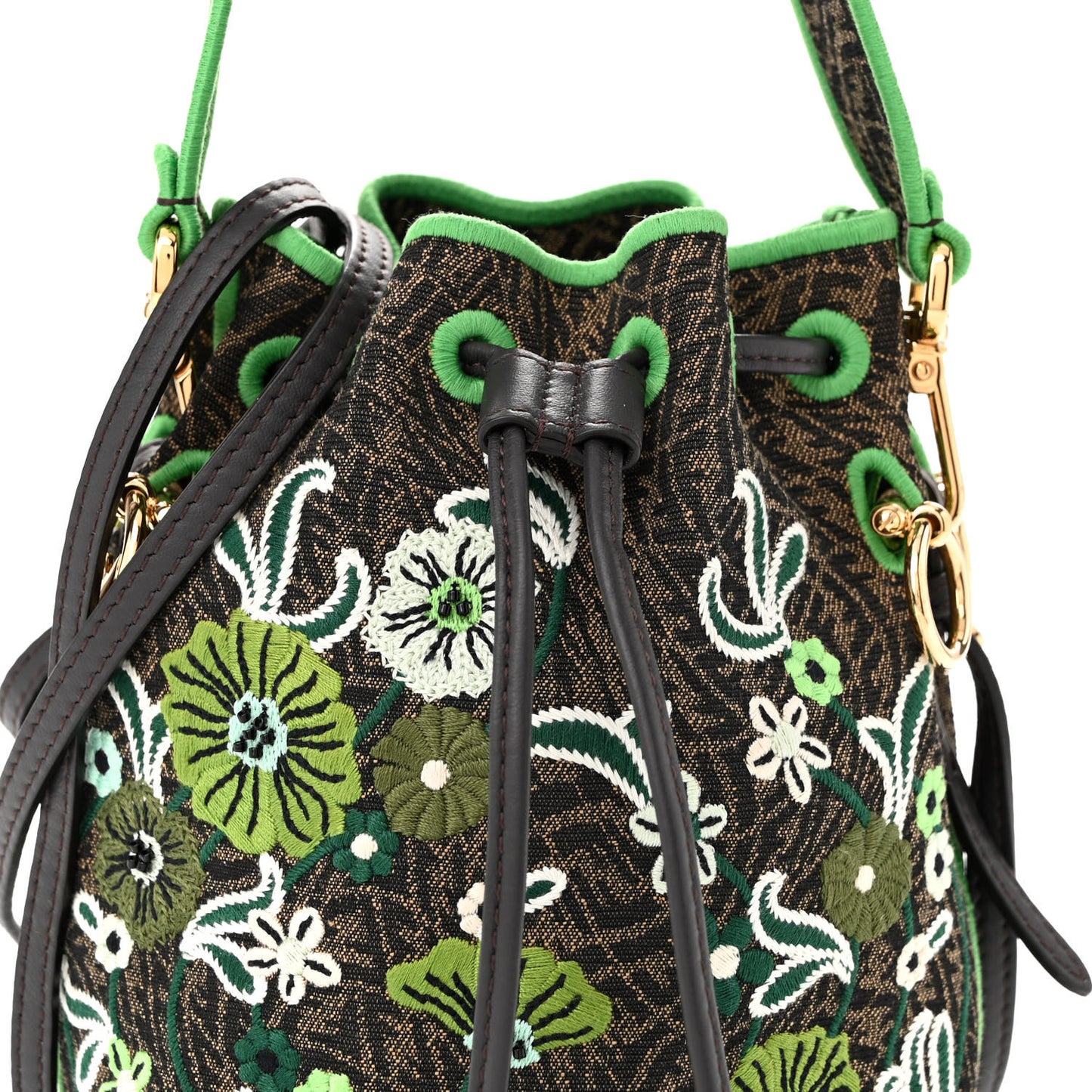 X SARAH COLEMAN Vitello Grace Fabric Jacquard FF Vertigo Fiori Embroidered Mini Mon Tresor Bucket Bag Tobacco