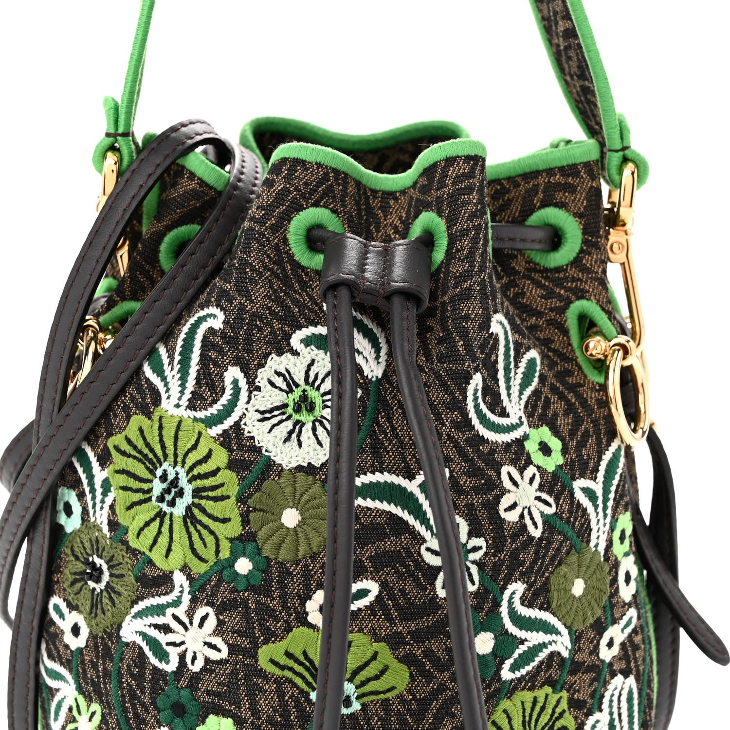 Fendi X SARAH COLEMAN Vitello Grace Fabric Jacquard FF Vertigo Fiori Embroidered Mini Mon Tresor Bucket Bag Tobacco 8 of 10