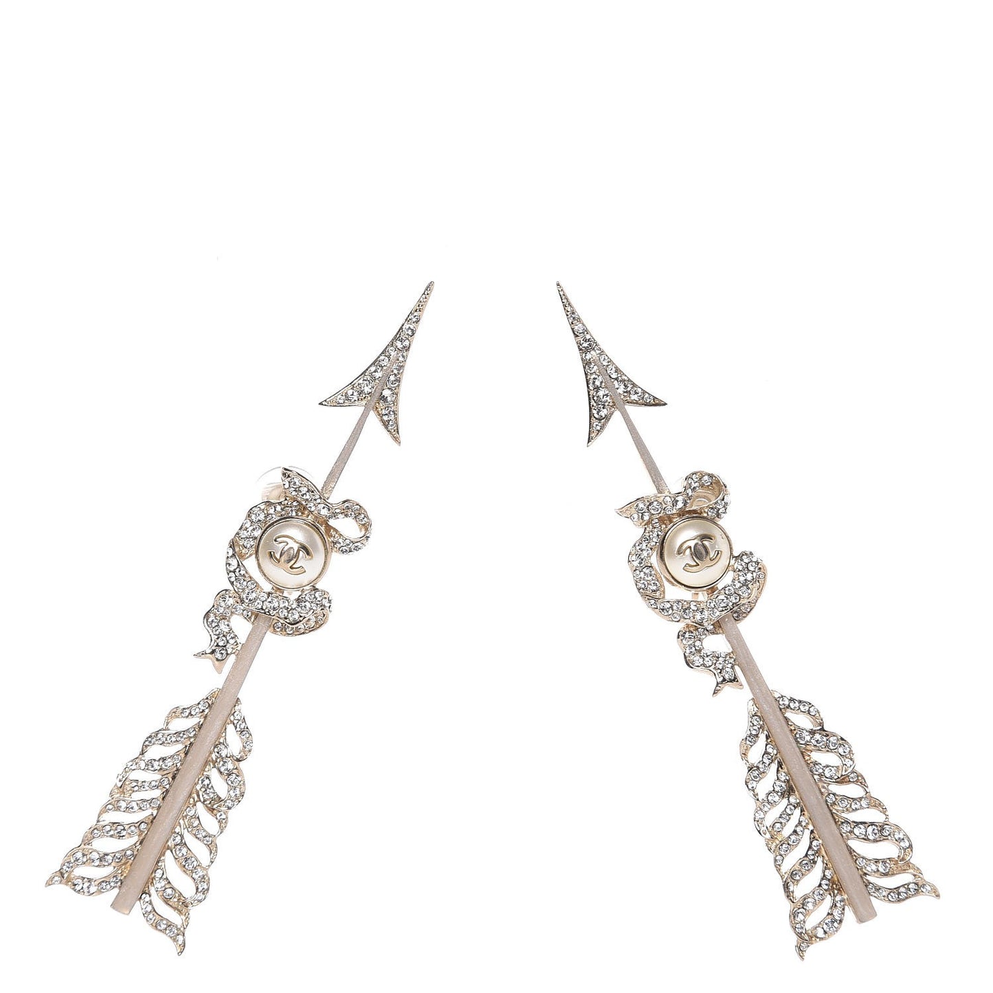 Crystal Pearl CC Arrow Clip On Earrings Gold