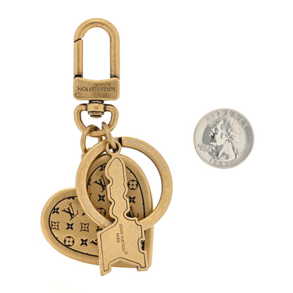 Louis Vuitton Metal LV Lovers Heart Bag Charm Key Holder Antique Gold 2 of 3
