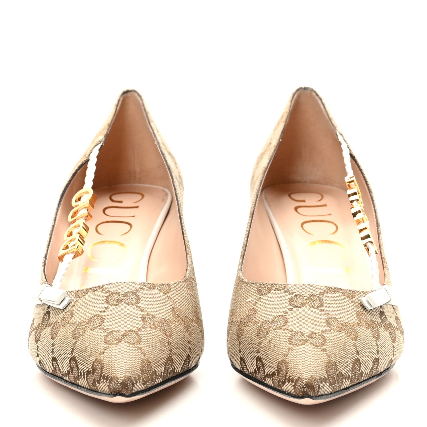 Gucci Monogram Malaga Kid Script Logo Bow 55mm Pumps 39.5 Beige Ebony Great White 2 of 7
