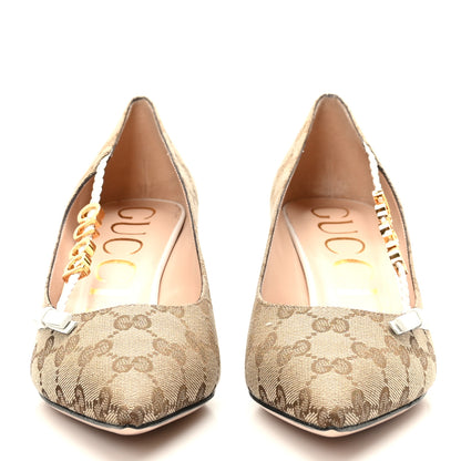 Gucci Monogram Malaga Kid Script Logo Bow 55mm Pumps 39.5 Beige Ebony Great White 2 of 7