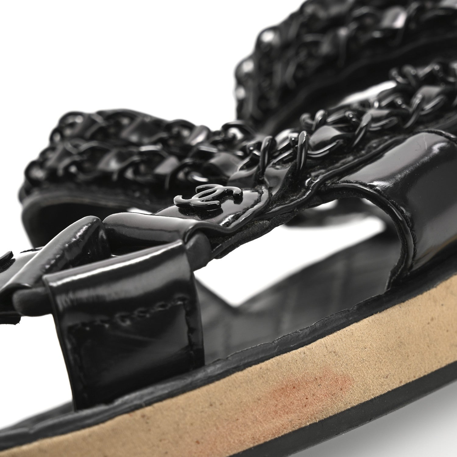 Chanel Laminated Goatskin Chain Sandals 38.5 Black 11 of 12