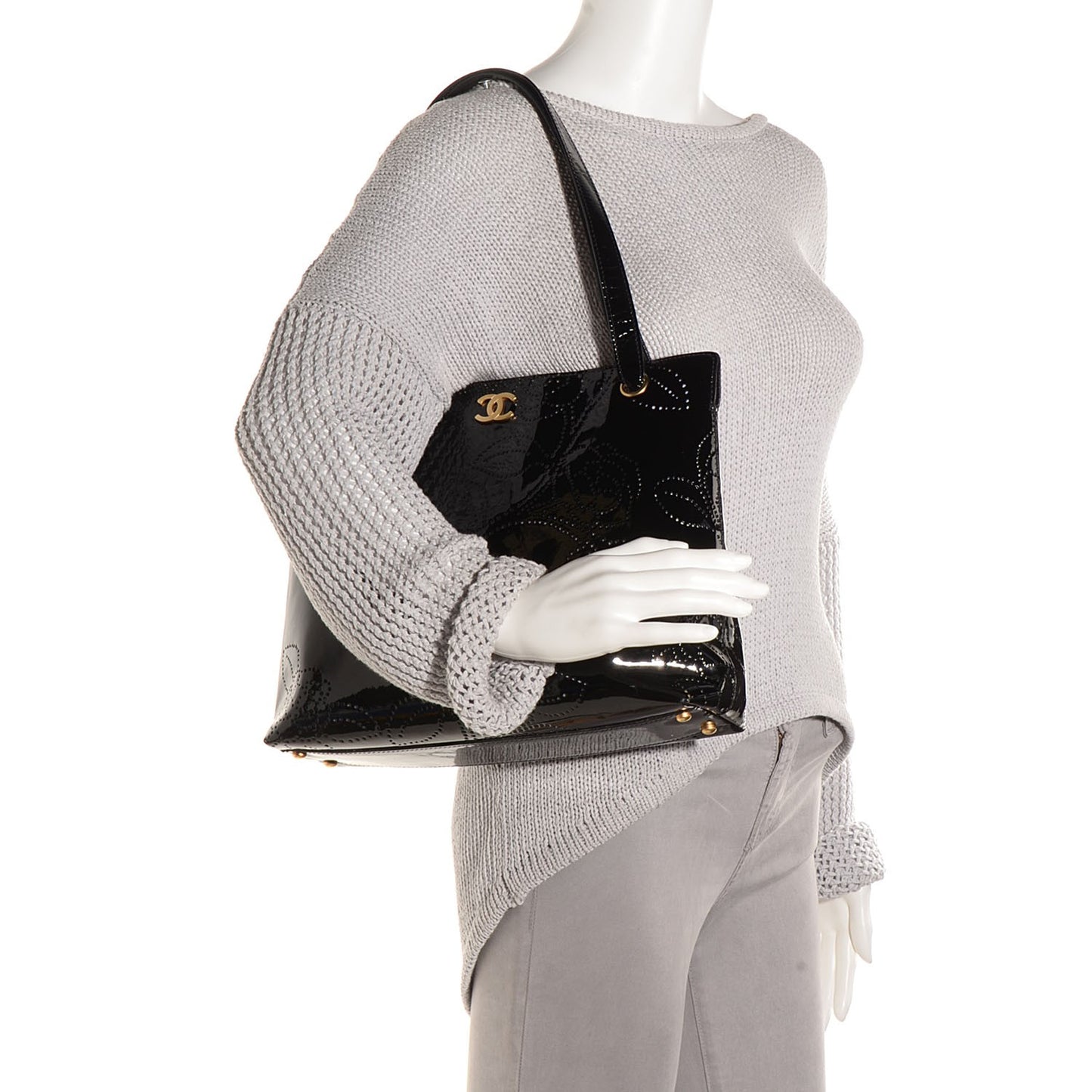 Patent Perforated Camellia Tote Black