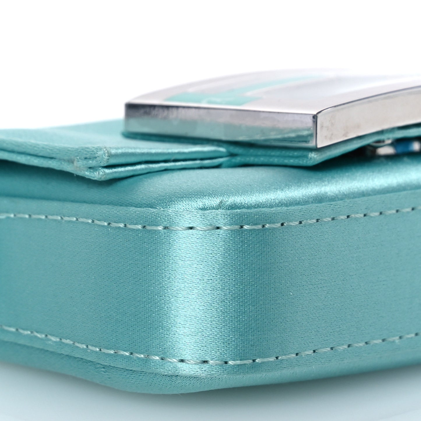 X TIFFANY Satin Silk Sterling Silver Nano Maxi Buckle Baguette Tiffany Blue