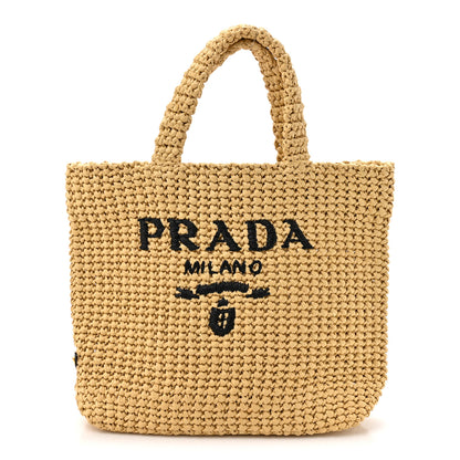 Prada Yarn Raffia Effect Crochet Embroidered Small Logo Tote Naturale 1 of 9