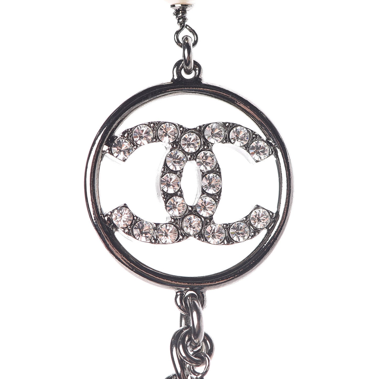 Crystal Pearl CC Bow Long Necklace Silver