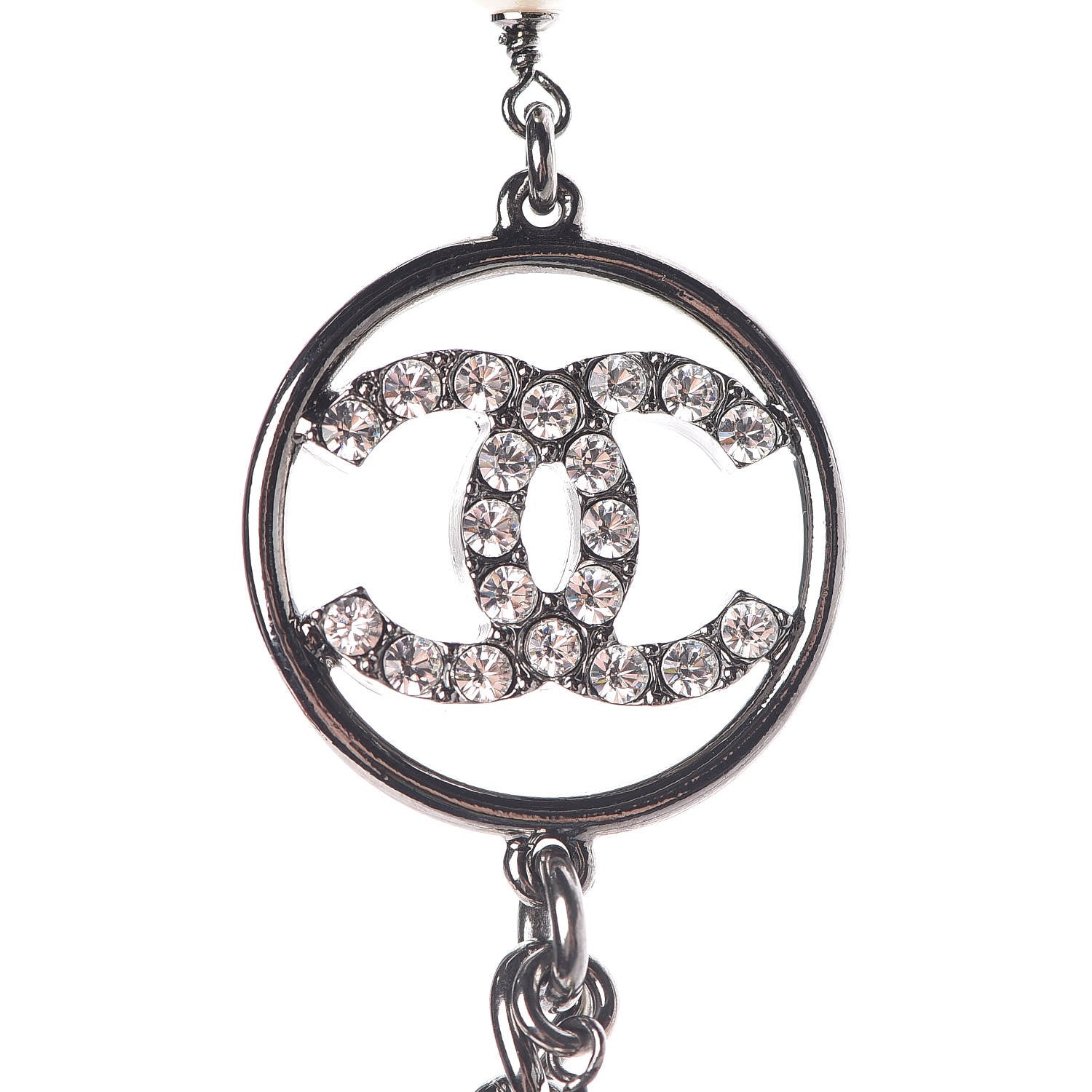 Chanel Crystal Pearl CC Bow Long Necklace Silver 4 of 5