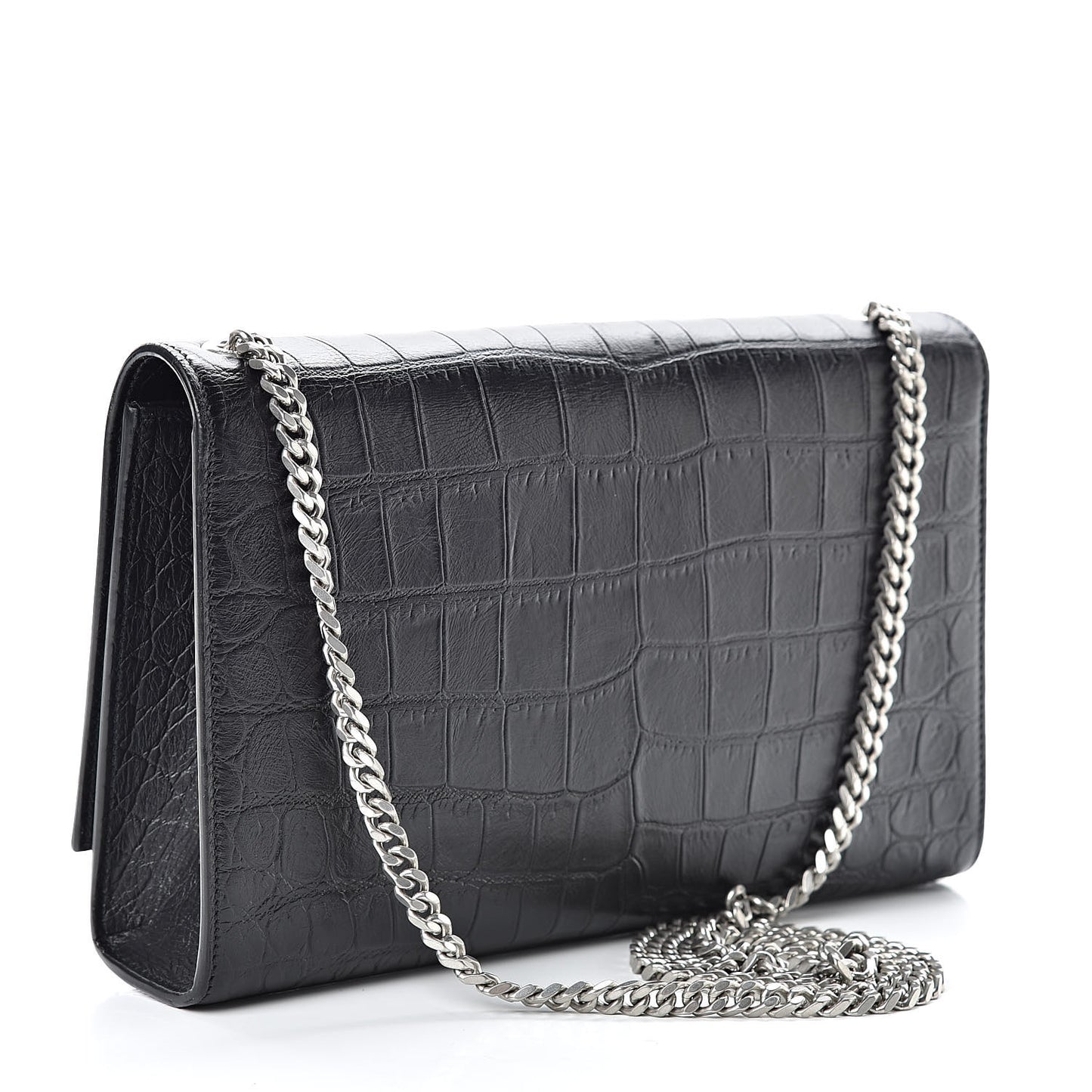 Calfskin Crocodile Embossed Medium Classic Monogram Kate Tassel Satchel Black