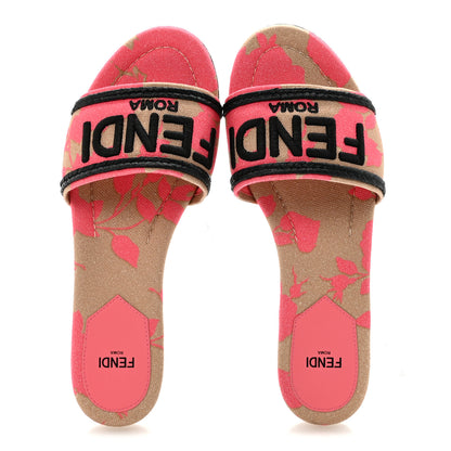 Fendi Canvas Rose Logo Embroidered Flat Slide Sandals 36.5 Kissed Black 2 of 9