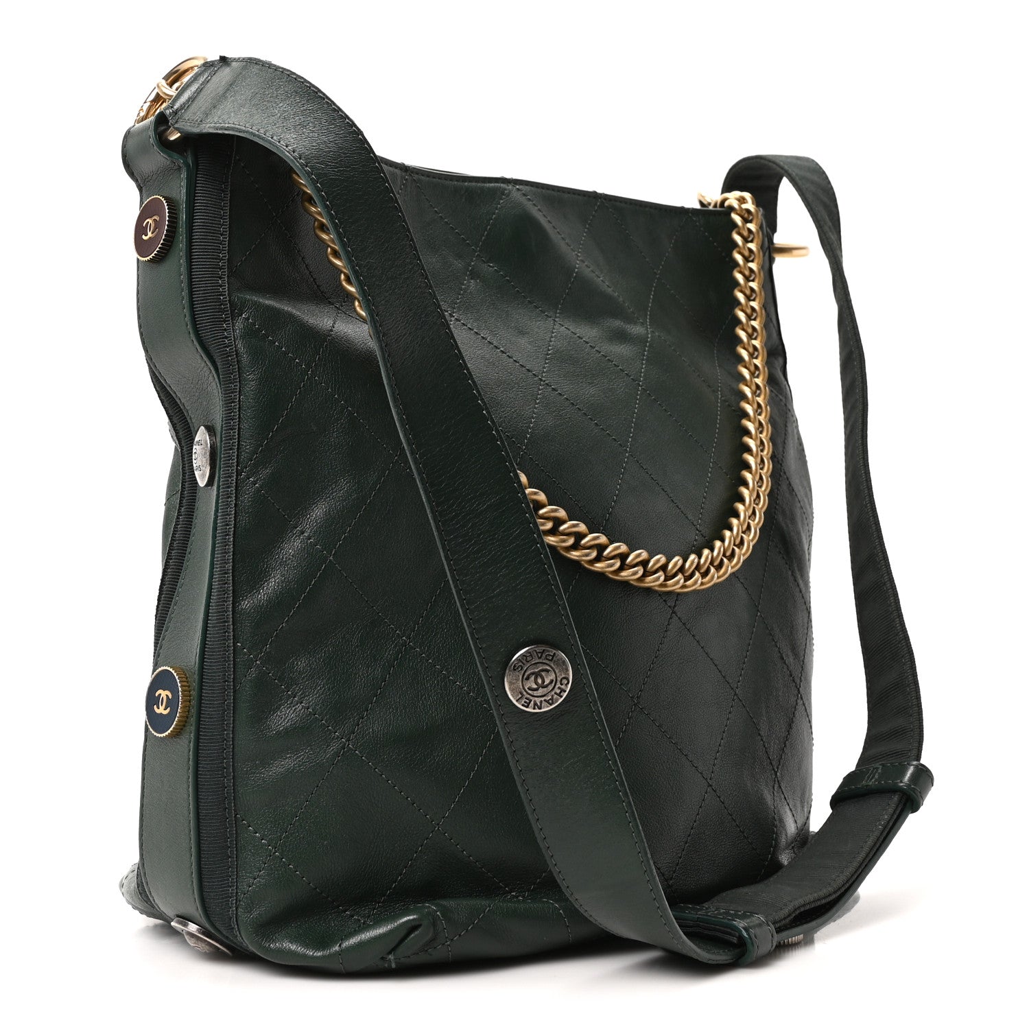 Chanel Calfskin Stitched Large Button Up Hobo Dark Green 3 of 10