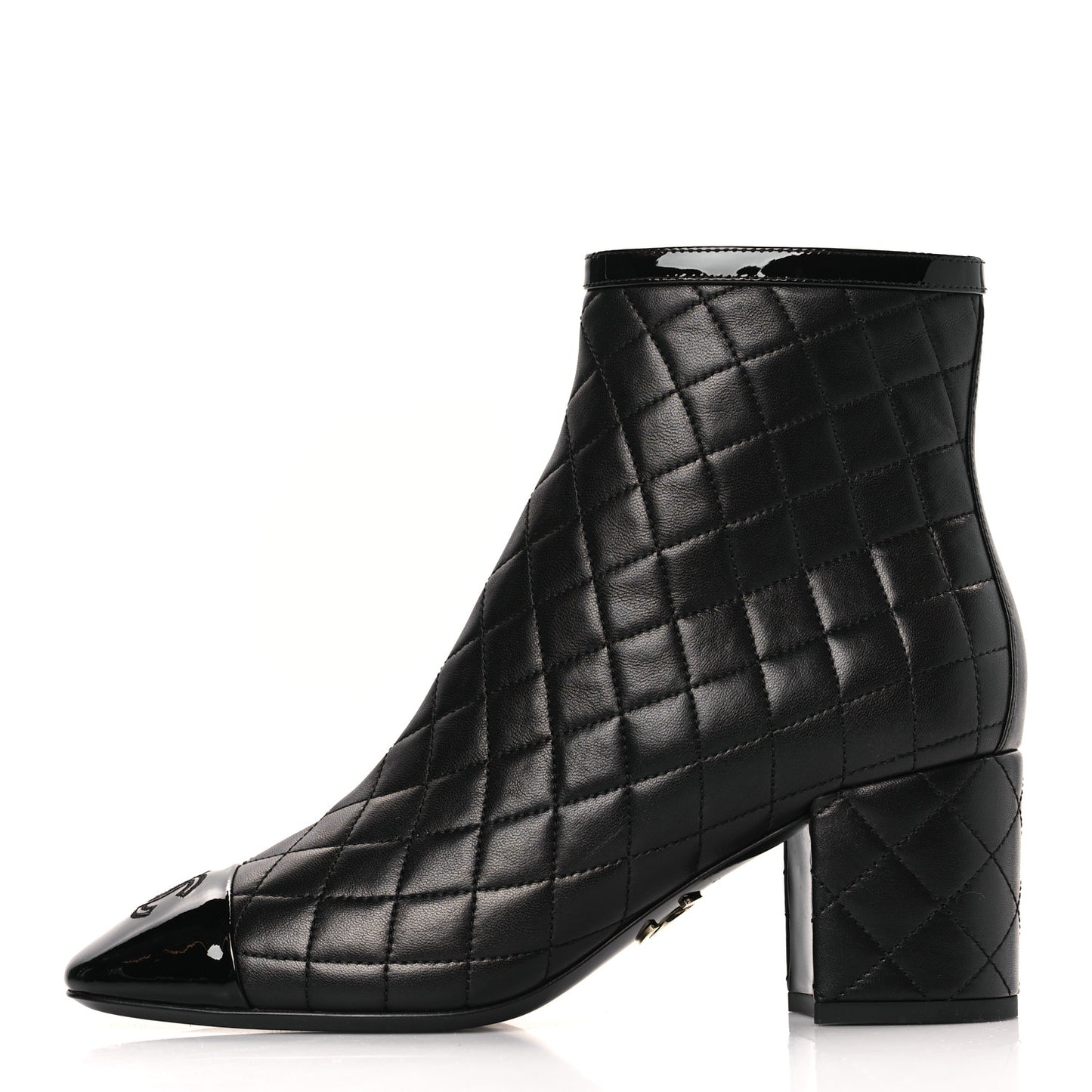 Lambskin Quilted Patent Cap Toe CC Booties 38 Black
