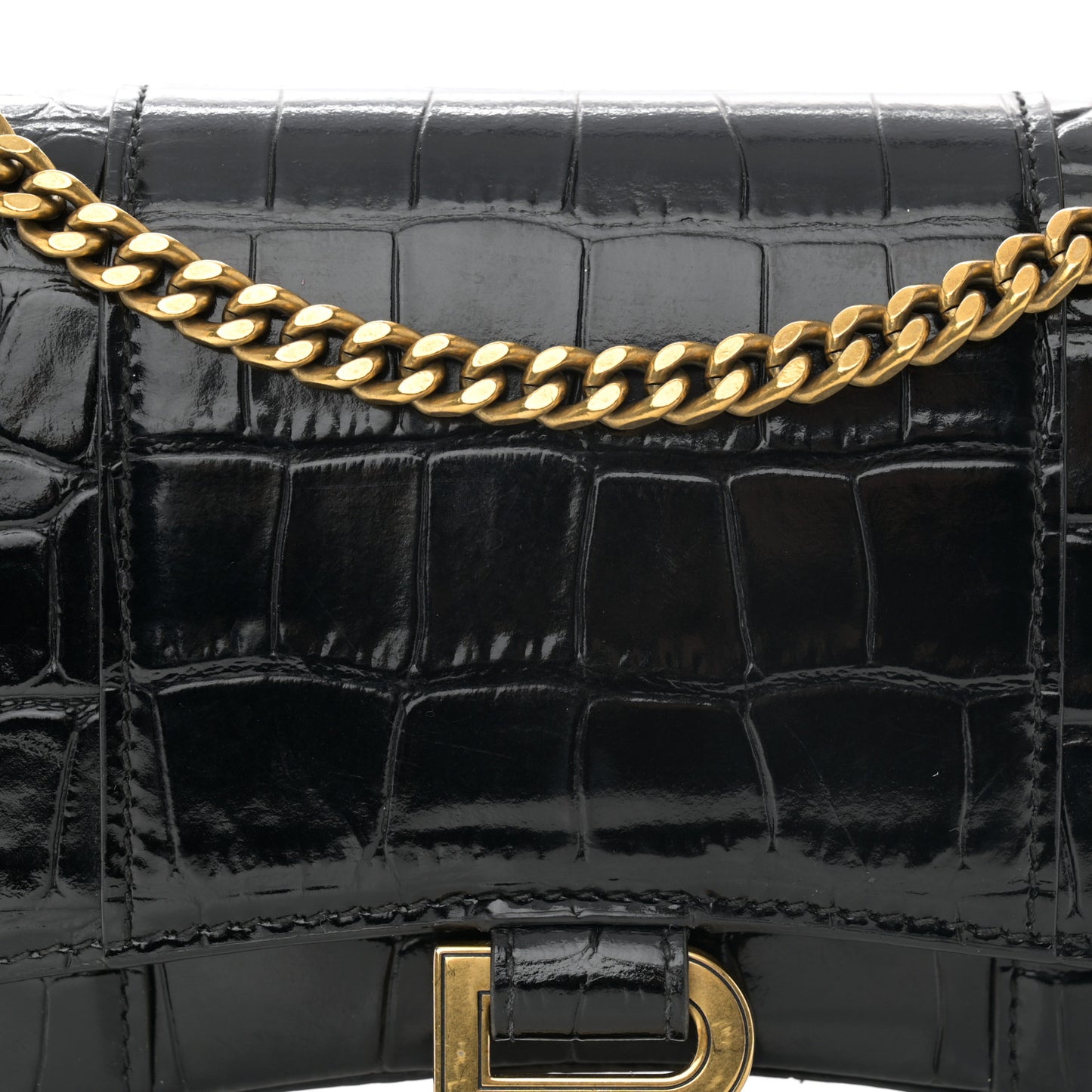 Shiny Calfskin Crocodile Embossed Hourglass Chain Bag Black