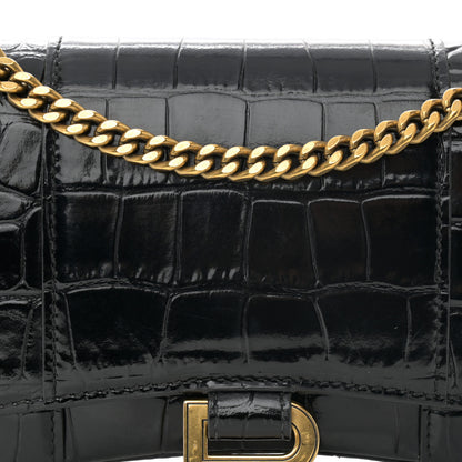 Balenciaga Shiny Calfskin Crocodile Embossed Hourglass Chain Bag Black 7 of 10