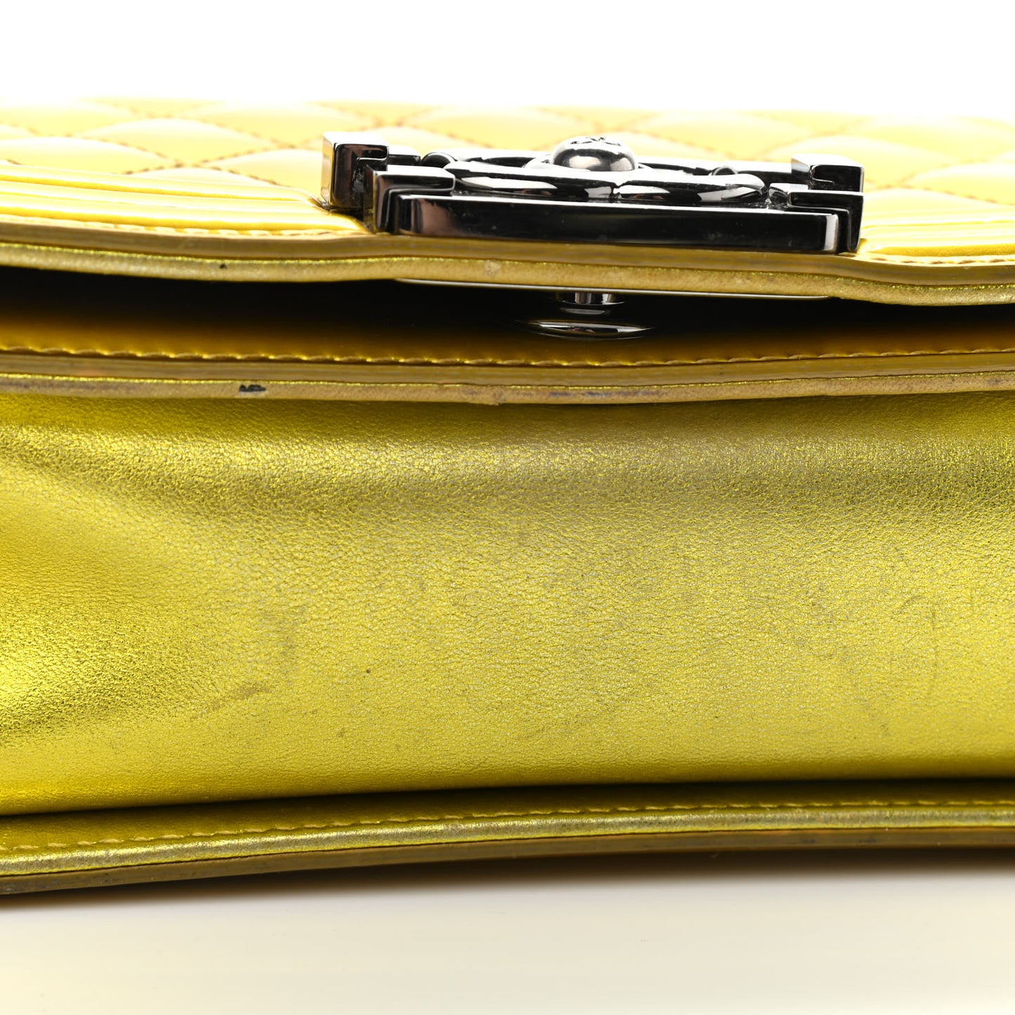 Metallic Patent Calfskin Quilted Small Boy Flap Yellow