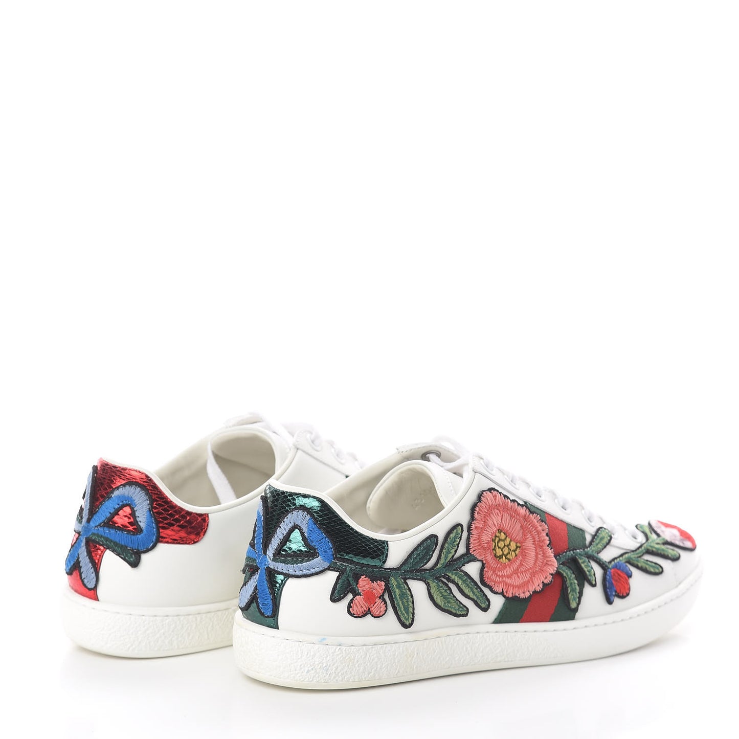 Calfskin Web Floral Embroidered Womens Ace Sneakers 38 White