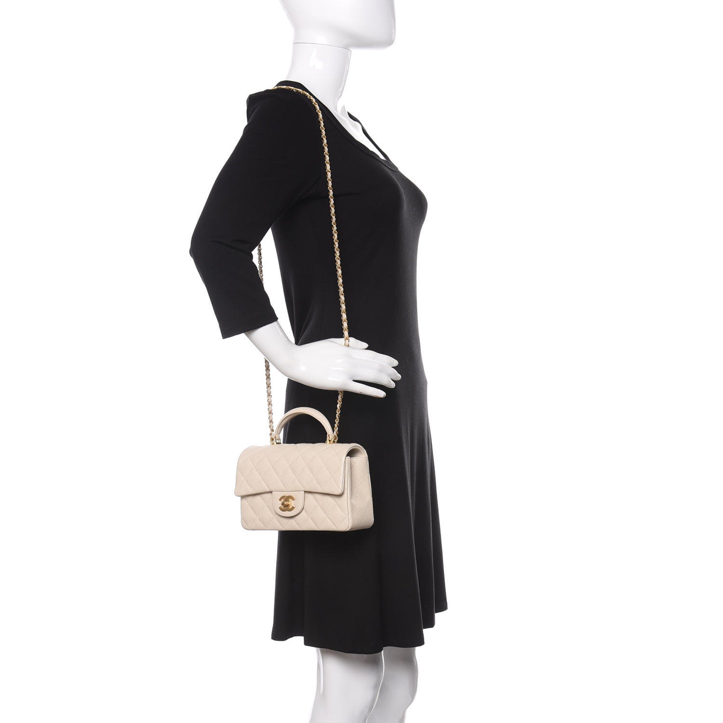 Caviar Quilted Mini Top Handle Rectangular Flap Beige