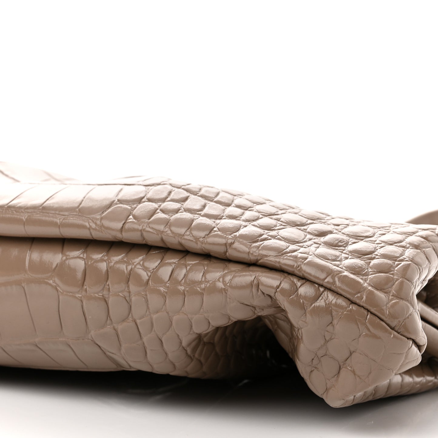 Shiny Supple Calfskin Logo Crocodile Embossed XL Cloud Clutch Mink Grey White