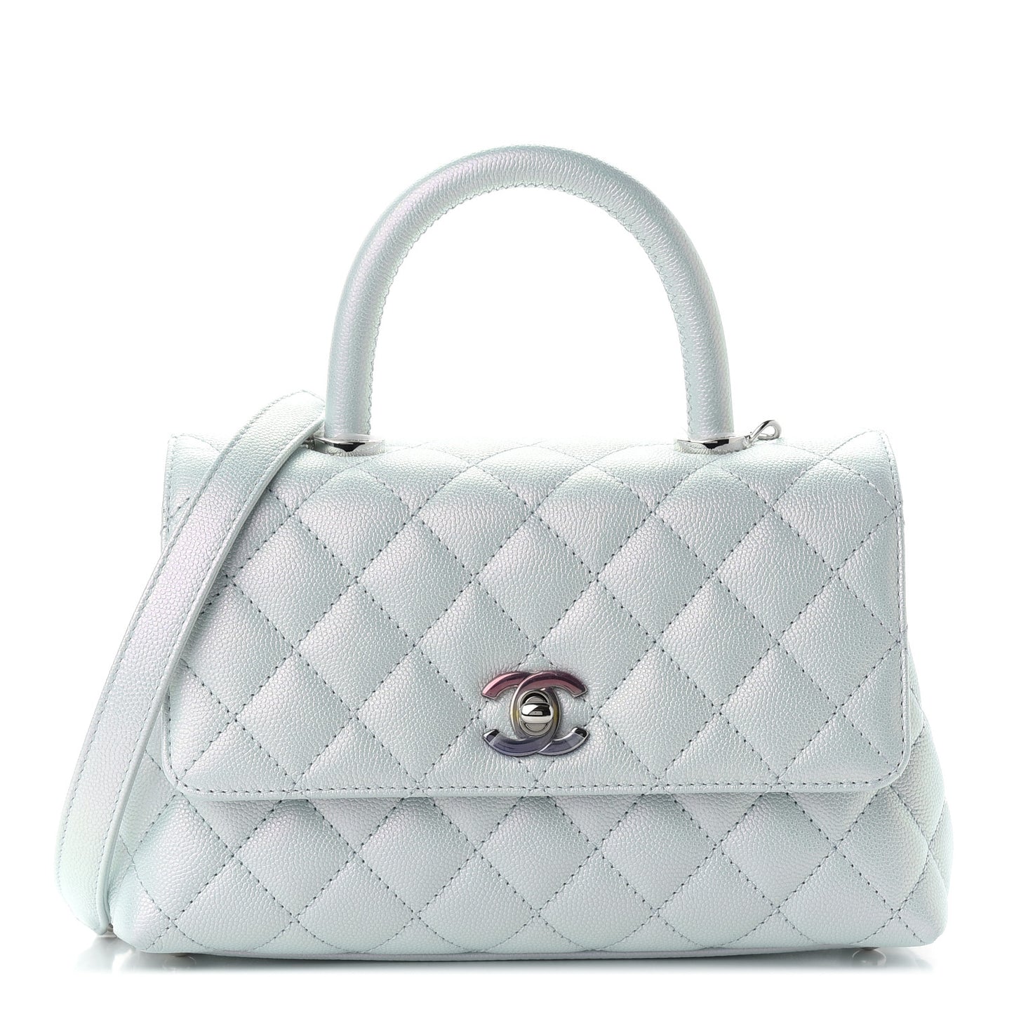 Iridescent Caviar Quilted Mini Coco Handle Flap Light Blue