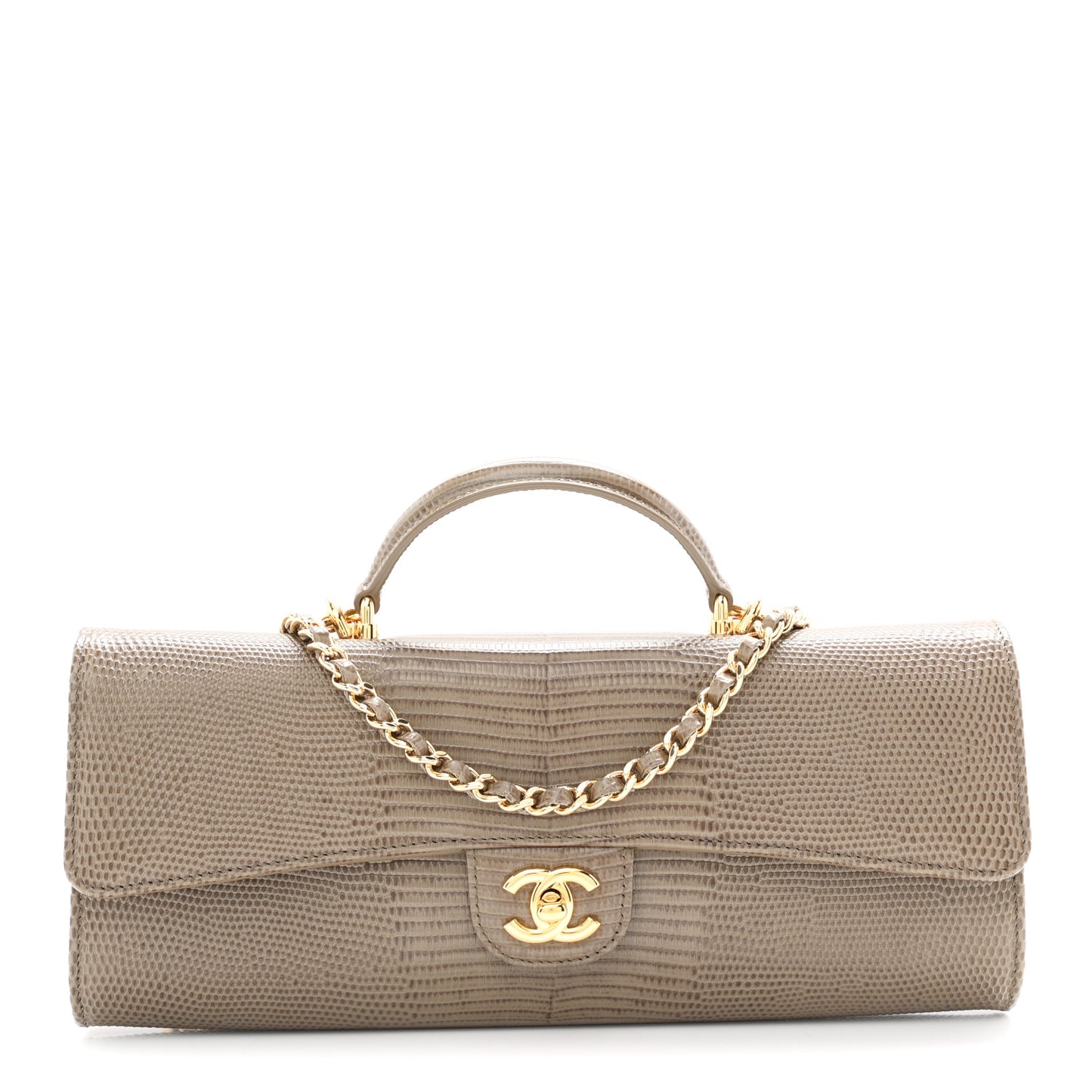 Calfskin Lizard Embossed Clutch With Chain Dark Khaki