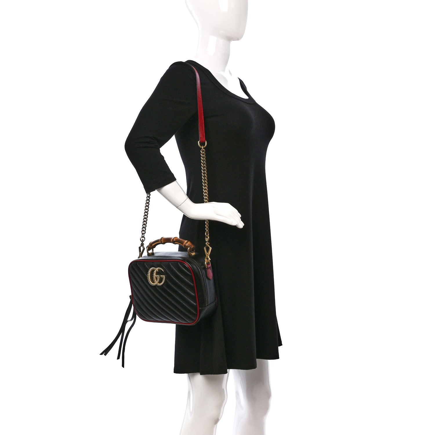 Gucci Vintage Effect Calfskin Matelasse Diagonal Small Torchon GG Marmont Bamboo Top Handle Shoulder Bag Black Romantic Cherry 2 of 9