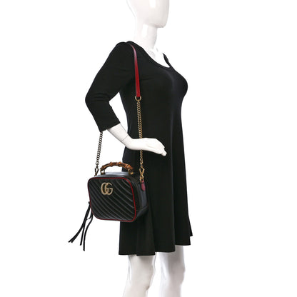 Gucci Vintage Effect Calfskin Matelasse Diagonal Small Torchon GG Marmont Bamboo Top Handle Shoulder Bag Black Romantic Cherry 2 of 9