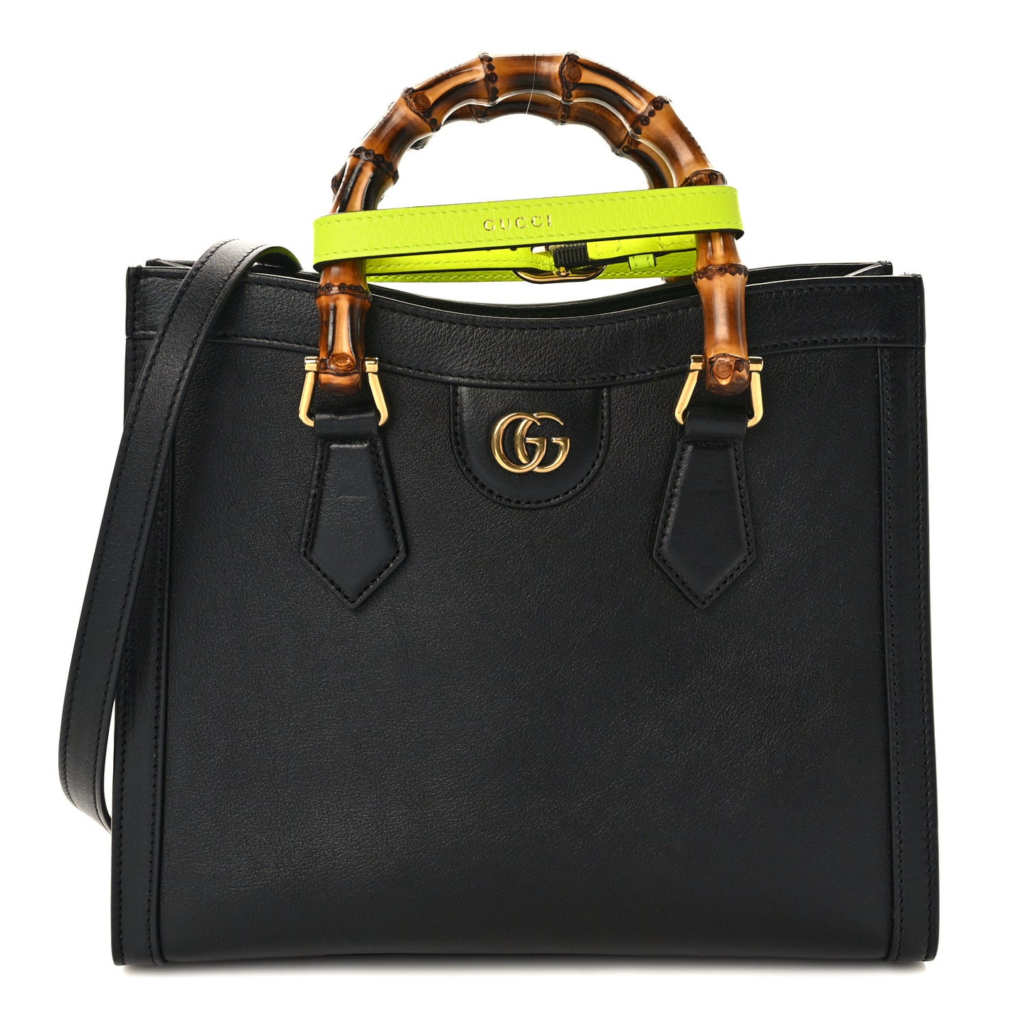Calfskin Small Diana Tote Bag Black Yellow Fluo