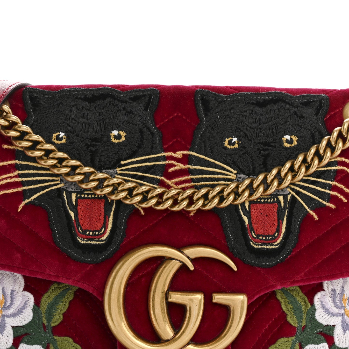 Velvet Matelasse Panther Embroidered Medium GG Marmont Shoulder Bag Raspberry Rose