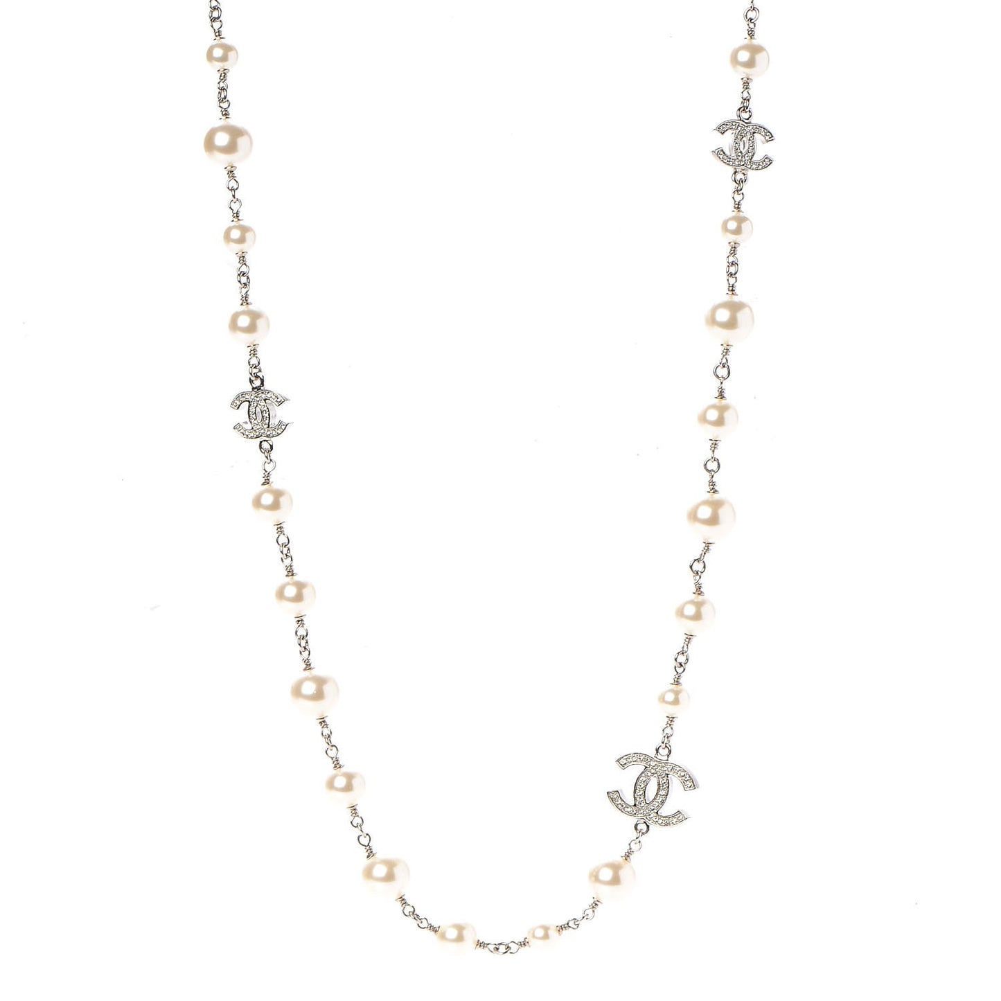 Crystal Pearl CC Long Necklace Silver