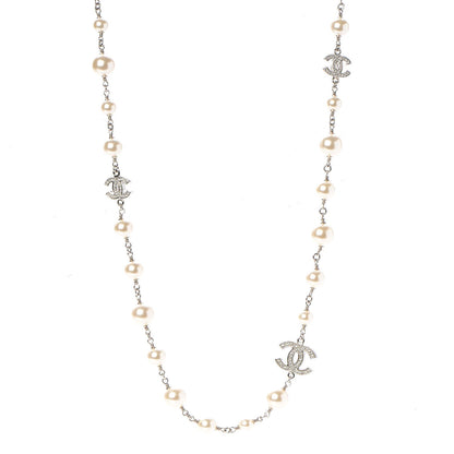 Chanel Crystal Pearl CC Long Necklace Silver 1 of 5