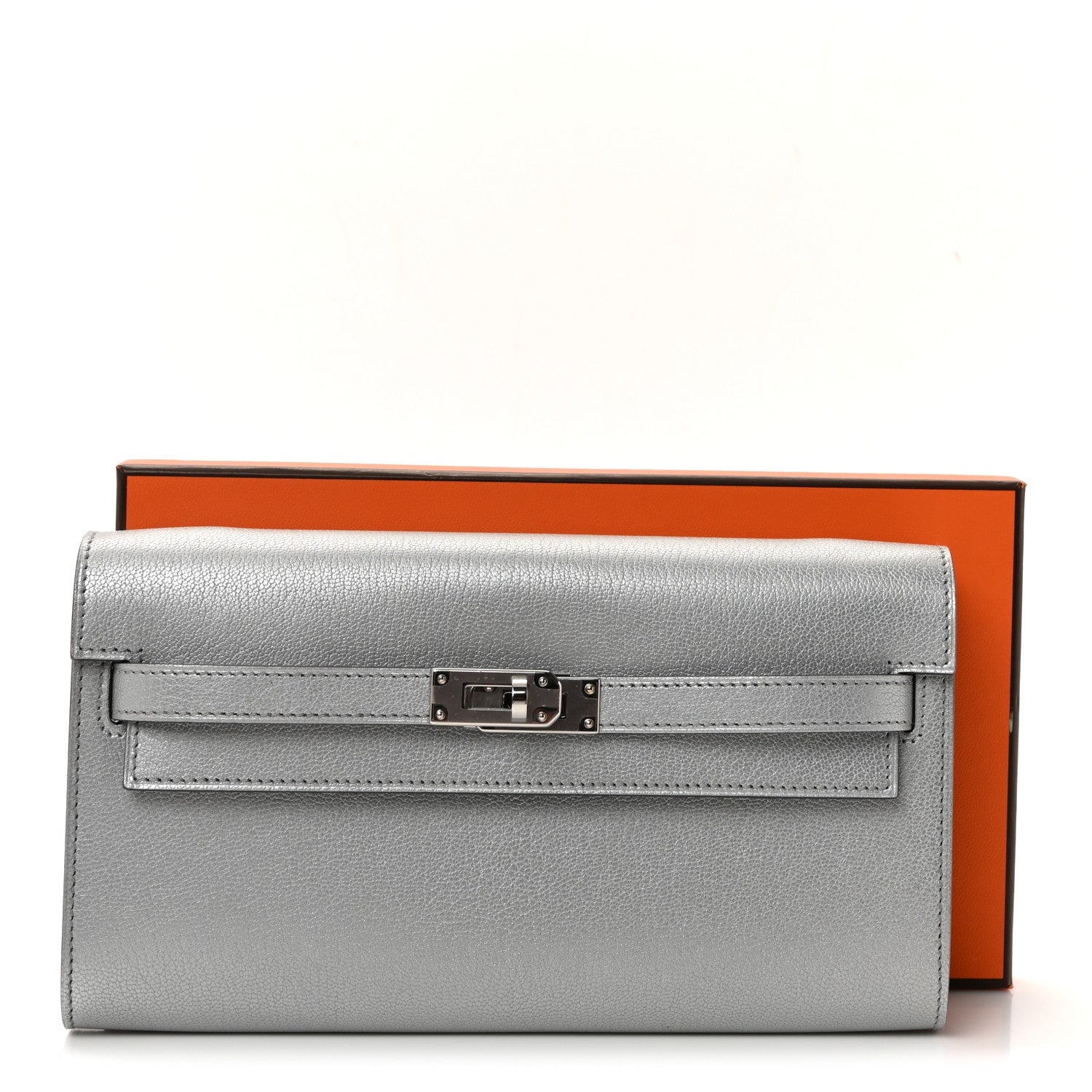 Hermes Metallic Chevre Chamkilight Kelly Wallet To Go Argent
