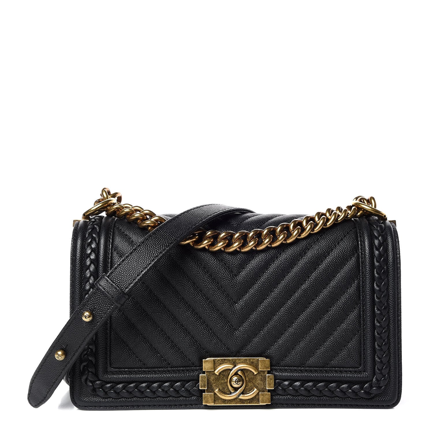 Chanel Caviar Chevron Quilted Braided Medium Boy Flap Black 1 of 9