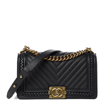 Chanel Caviar Chevron Quilted Braided Medium Boy Flap Black 1 of 9