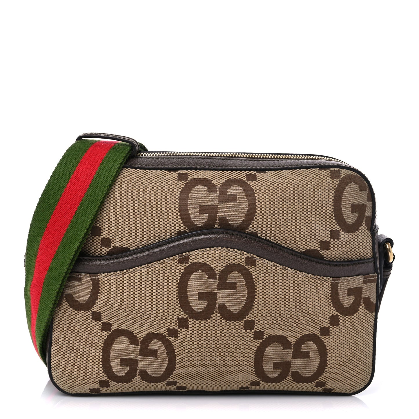 Monogram Jumbo GG Textured Dollar Calfskin Web Messenger Shoulder Bag Camel Ebony New Acero