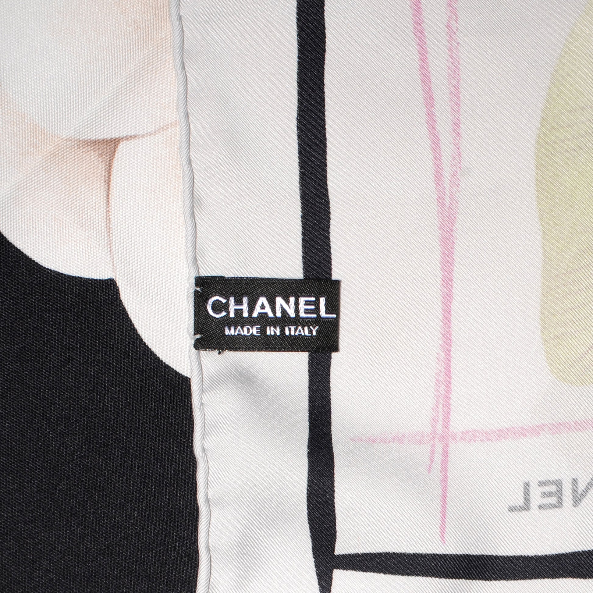 Chanel Silk Camellia Flower Scarf Black Beige 4 of 5