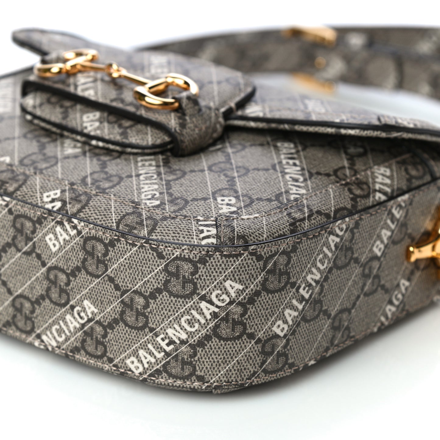 X BALENCIAGA GG Supreme Monogram Web Logo Print Mini Horsebit 1955 Shoulder Bag Beige Ebony
