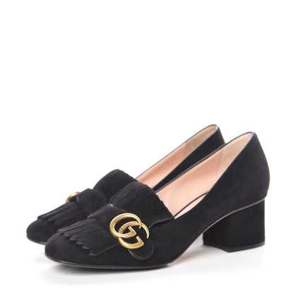 Gucci Kid Scamosciato GG Marmont Fringe 50mm Loafer Pumps 37.5 Black 3 of 14