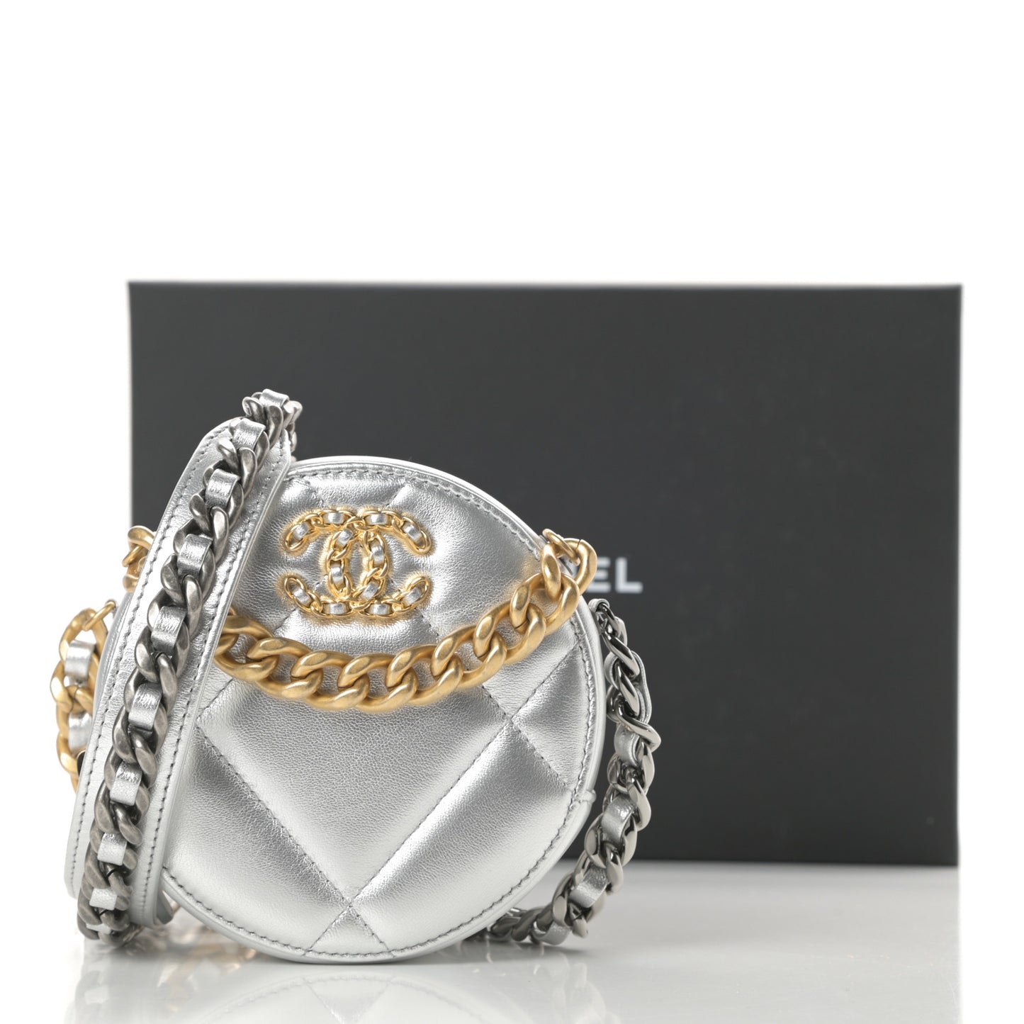 Metallic Lambskin Quilted Chanel 19 Round Clutch With Chain Silver