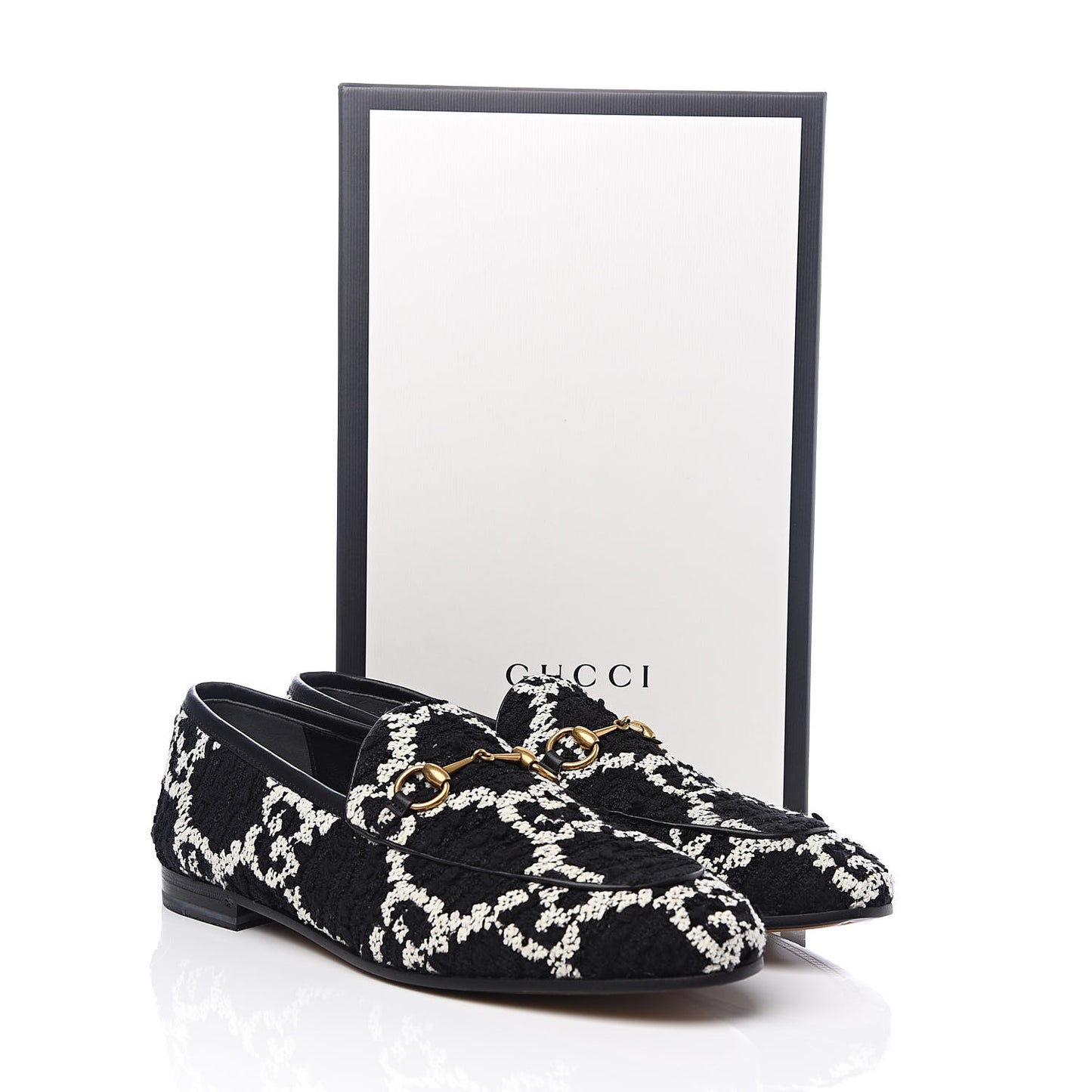 Tweed GG Monogram Horsebit Womens Jordaan Loafers 40 Black Natural